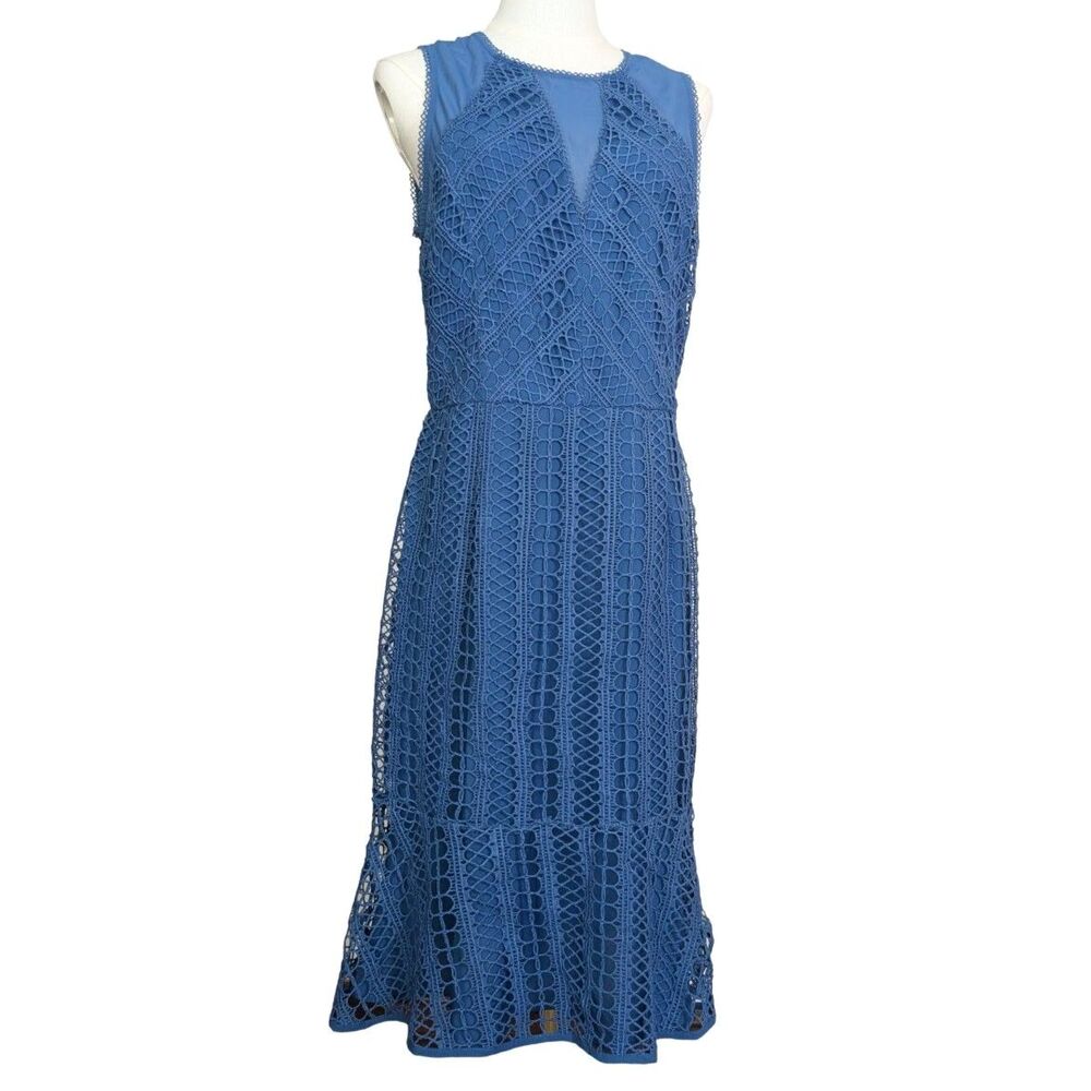 Adelyn Rae Blue Lace Midi Dress Women’s M Sleeveless Illusion Neck Fit Flare